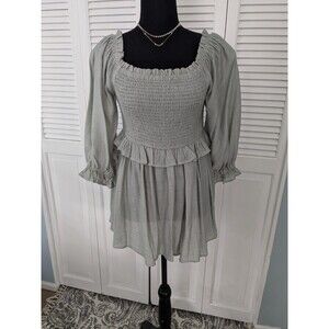 Oddy Women's Sz S Boho Peasant Cottage Top Sage Green Smocked PuffSL Brand New